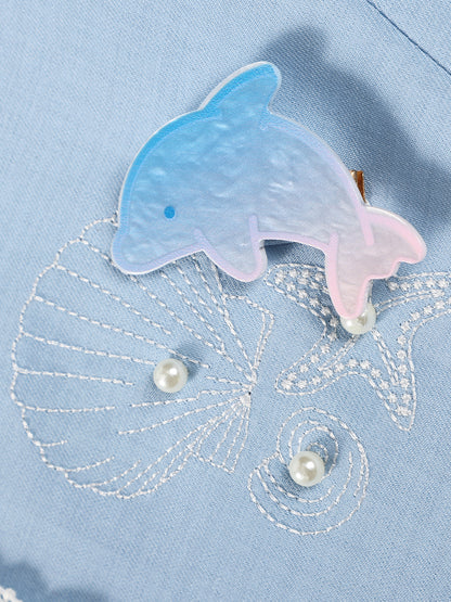 Girls Dolphin Embroidered Lace Trim Sleeveless Vest Top