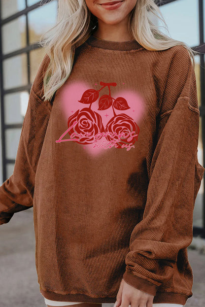 Valentine Rose Heart Corduroy Ribbed Oversized Sweatshirt