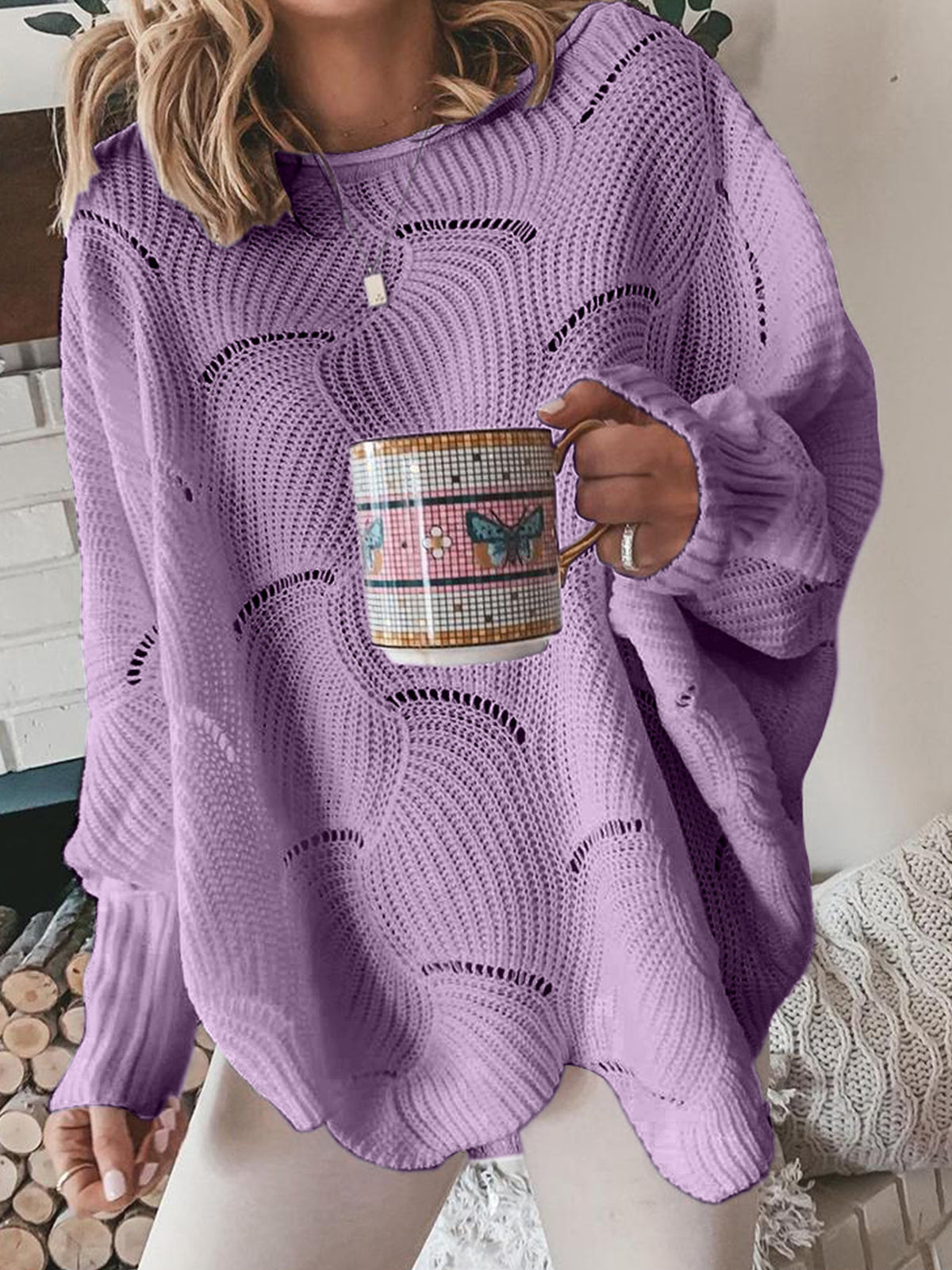 Women's Oversized Batwing Pointelle Knit Sweater
