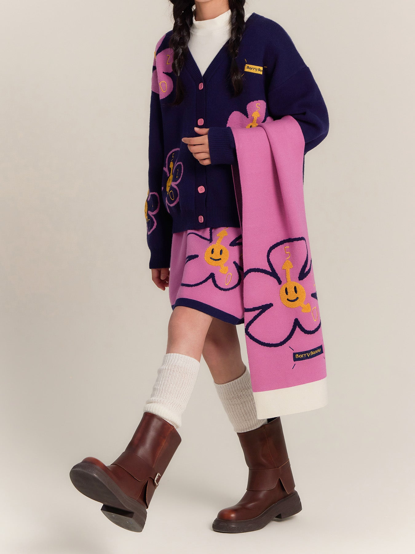 Sunflower Knit Scarf with Smiley Flower Design
