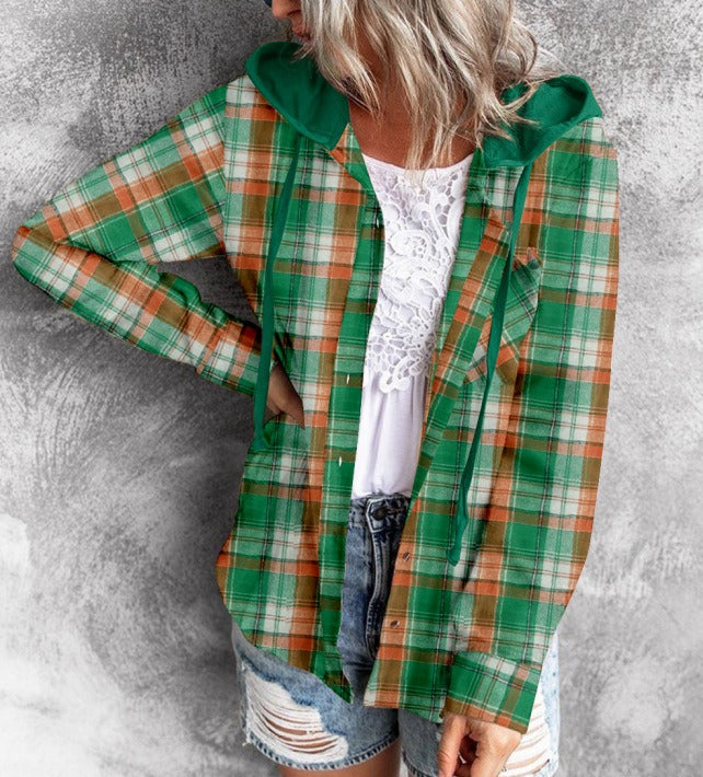Hooded Plaid Button-Up Jacket - Casual Oversized Shacket