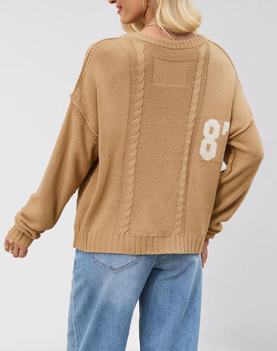 Varsity Number Knit Sweater - Oversized Pullover Top