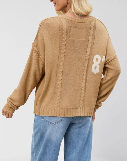 Varsity Number Knit Sweater - Oversized Pullover Top
