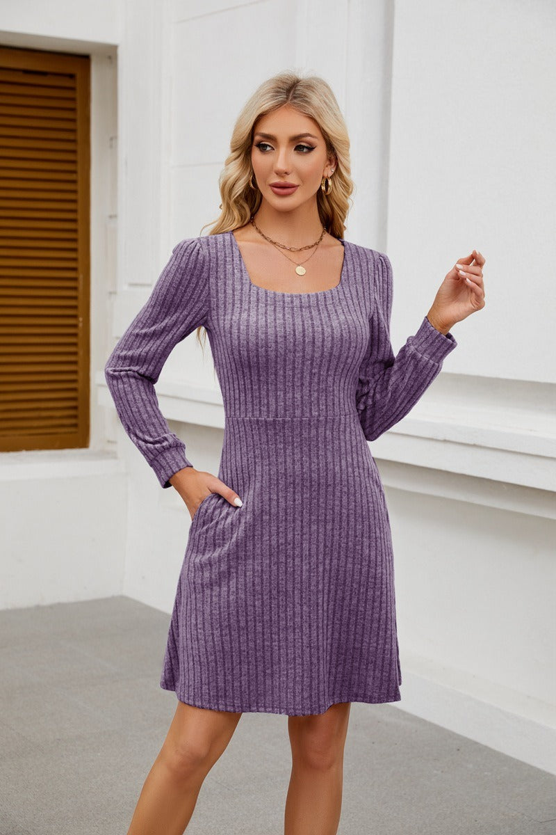 Square Neck Ribbed Knit Dress with Pockets