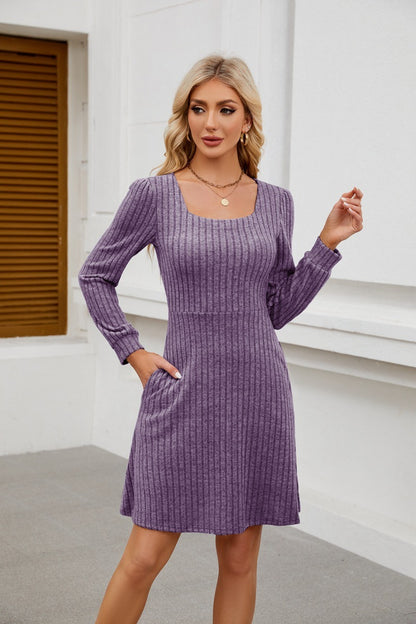 Square Neck Ribbed Knit Dress with Pockets