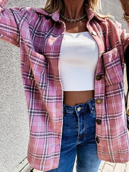 Pink Plaid Oversized Shacket Wool Blend Button Down Jacket