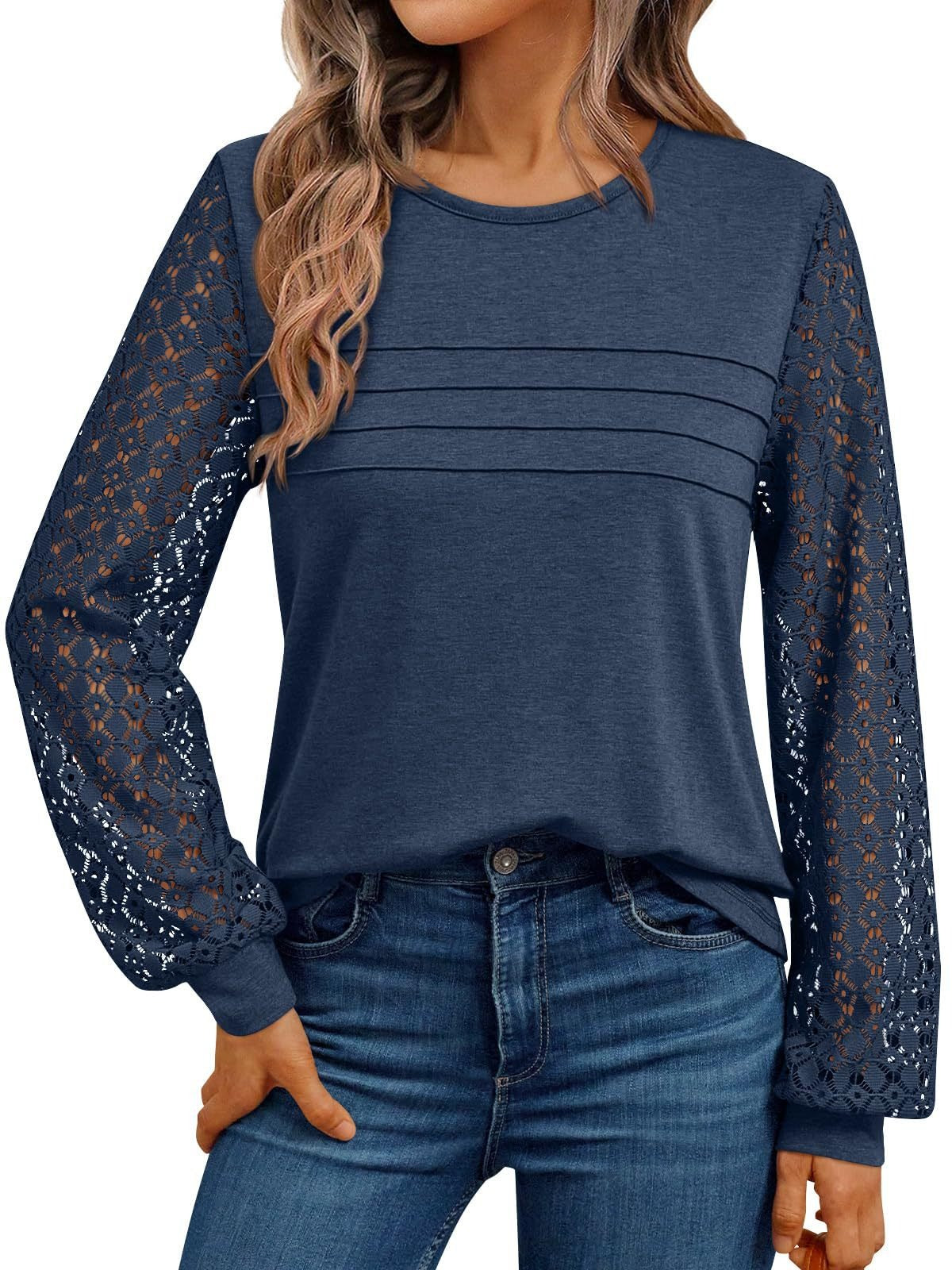 Lace Sleeve Patchwork Knit Pullover Top for Women