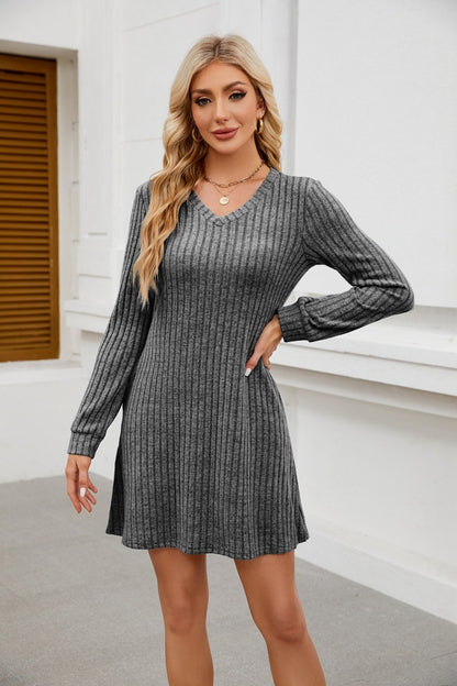 V Neck Ribbed Knit Dress - Brushed Long Sleeve Mini