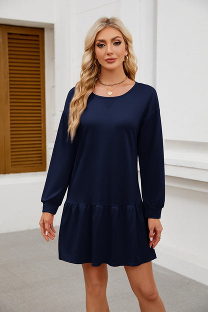 Long Sleeve Sweatshirt Dress - Casual Crewneck Pullover