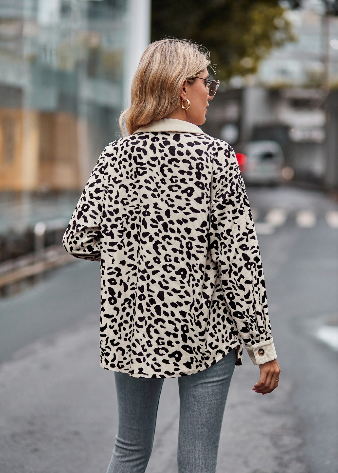 Leopard Print Corduroy Button Down Oversized Shirt Jacket