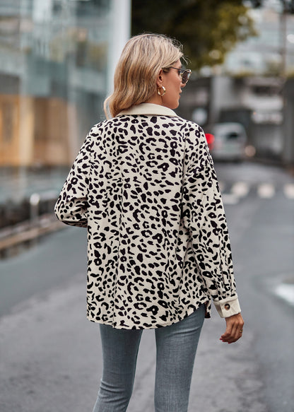 Leopard Print Corduroy Button Down Oversized Shirt Jacket