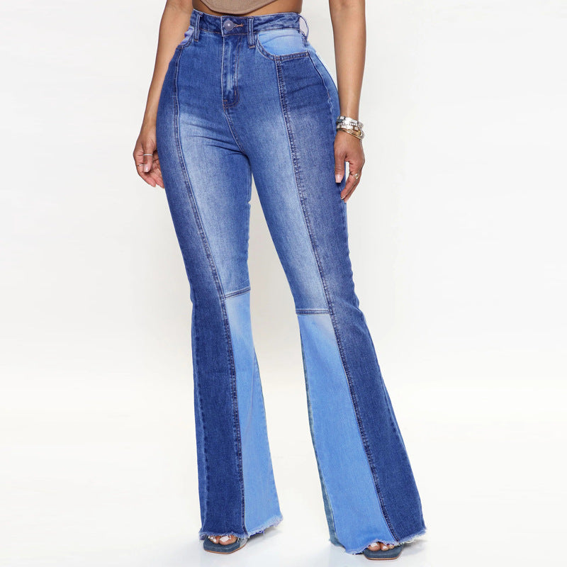 Plus Size Women Denim Stretchy Patchwork Wide Leg Pants Jeans