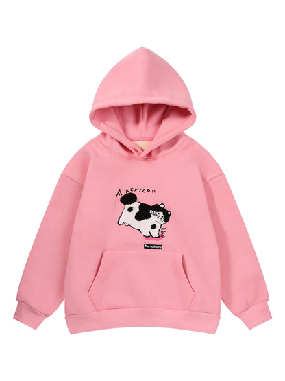 Girls Pink Cat Hoodie Sweatshirt Fleece Lined Casual Top