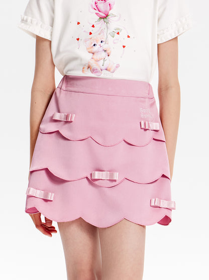 Girls Pink Layered Skirt with Satin Bow Ruffle Hem