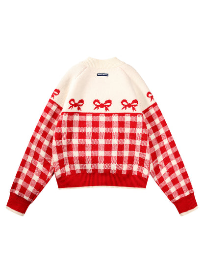 Girls Red Plaid Knit Cardigan Sweater with Heart Buttons
