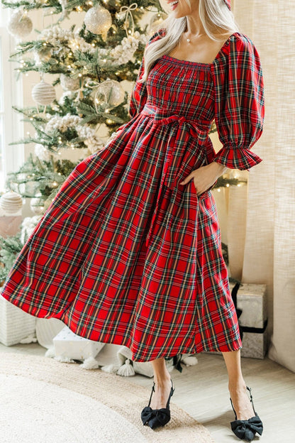 Red Tartan Plaid Puff Sleeve Smocked Waist Christmas Dress