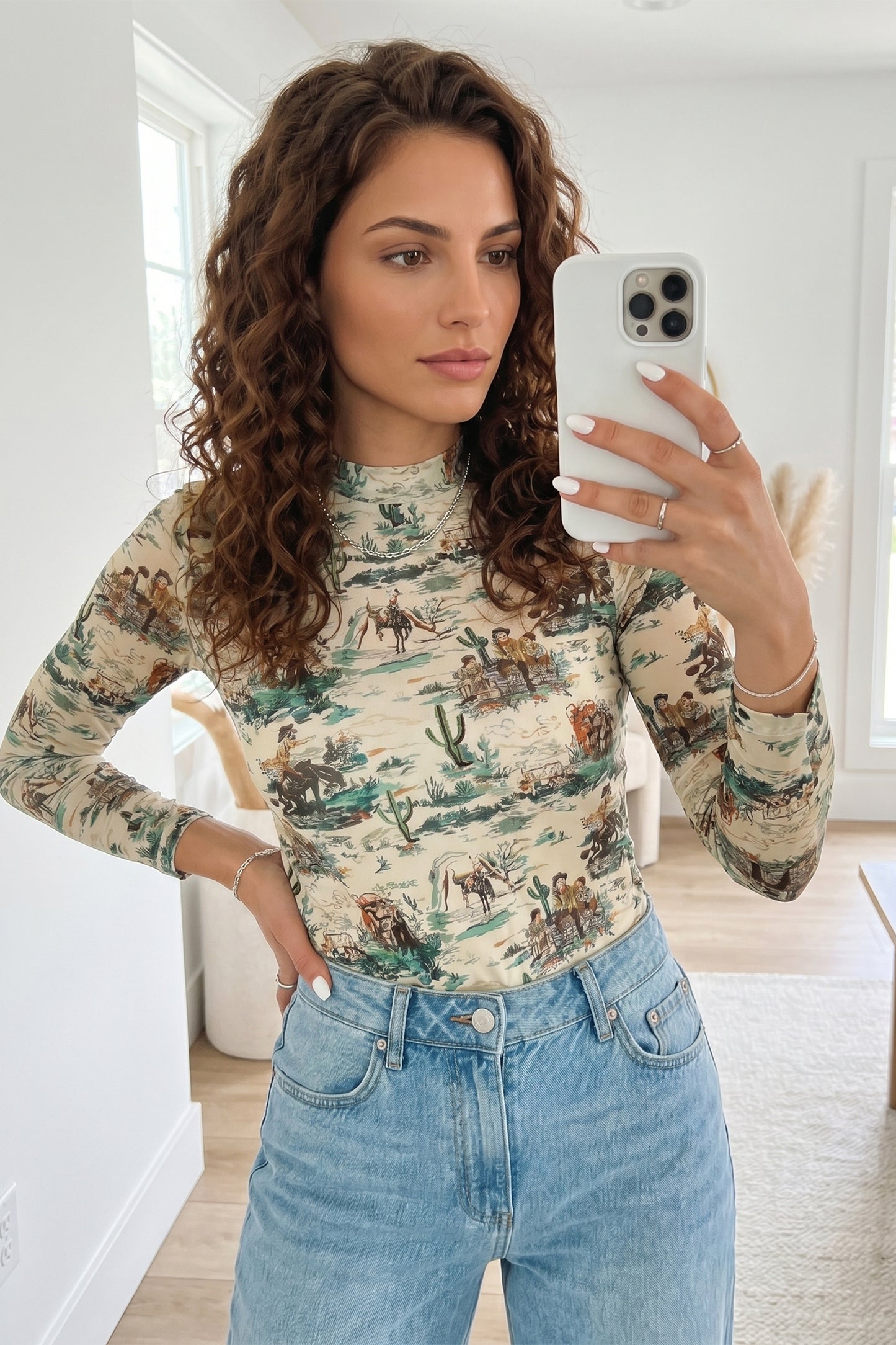 Western Cowboy Print Mock Neck Long Sleeve Fitted Top
