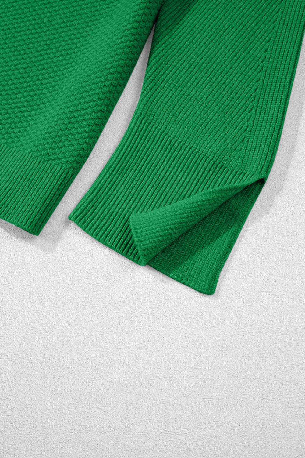Green Textured Knit Drop Shoulder Split Cuff Oversized Sweater
