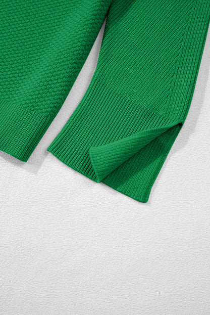 Green Textured Knit Drop Shoulder Split Cuff Oversized Sweater