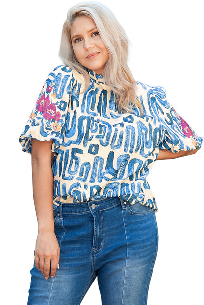 Sky Blue Stripe Plus Size Abstract Print Floral Embroidered Puff Sleeve Blouse