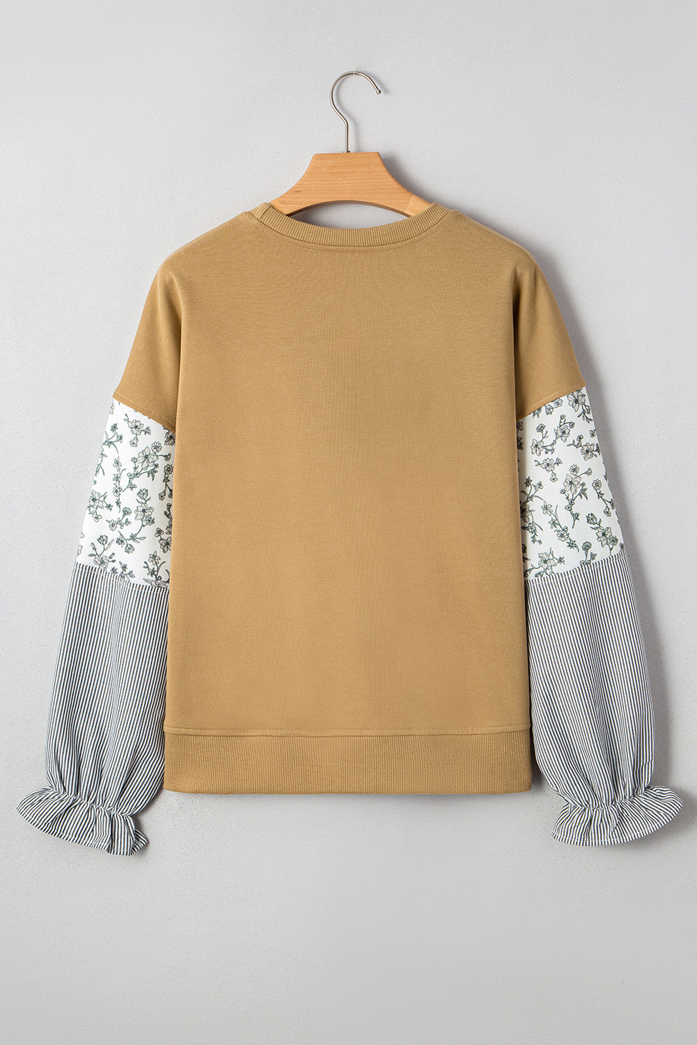 Camel Patchwork Floral Striped Ruffle Sleeve Sweatshirt