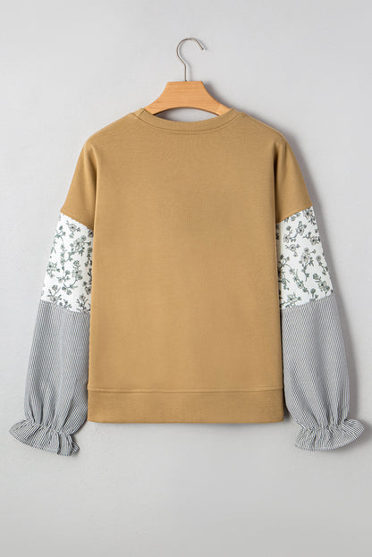 Camel Patchwork Floral Striped Ruffle Sleeve Sweatshirt