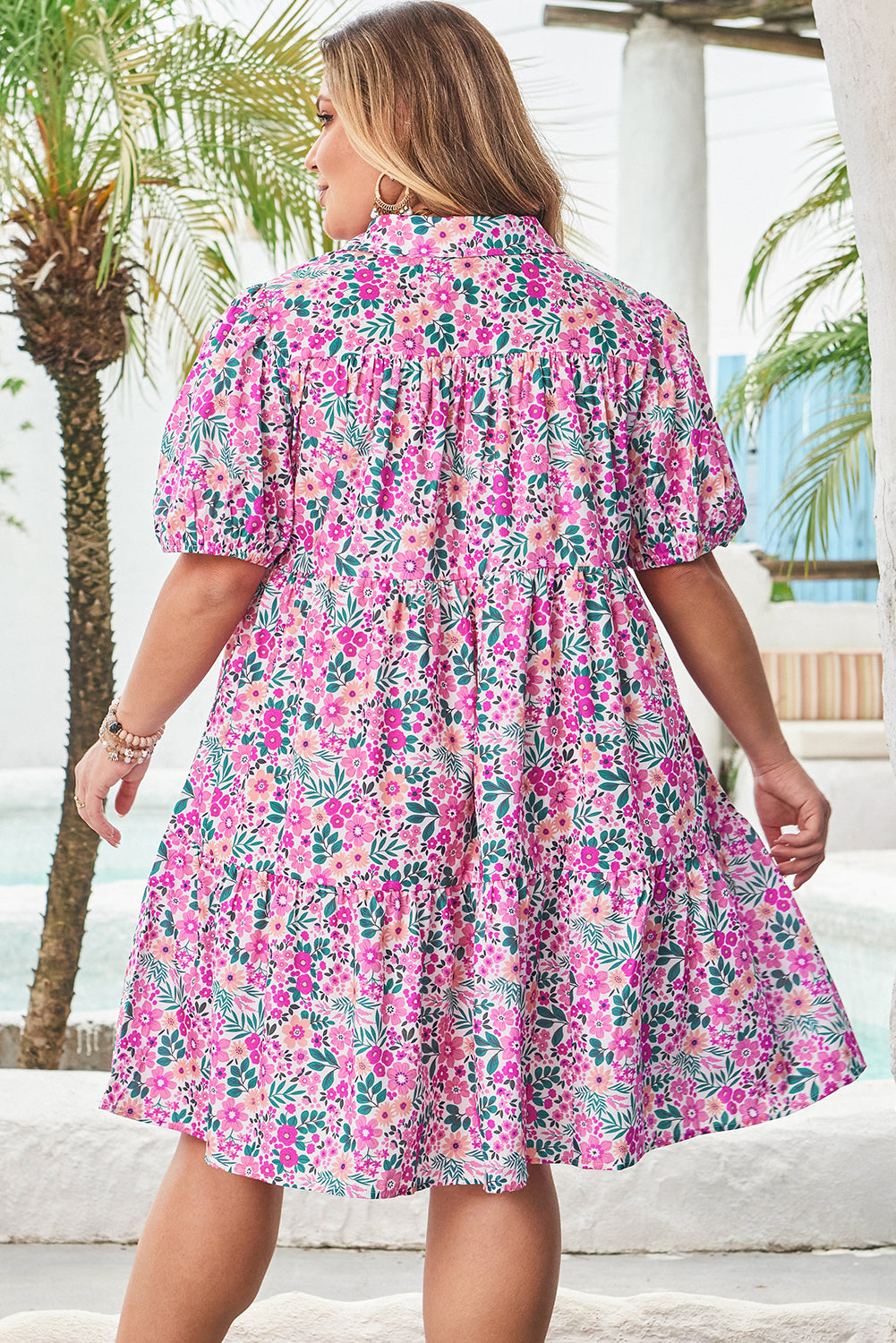 Plus Size Easter Floral Puff Sleeve Button A Line Dress