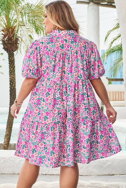 Plus Size Easter Floral Puff Sleeve Button A Line Dress