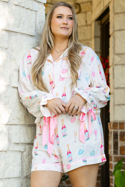 Valentine’s Day White Plus Size Wine Print Bow Pajama Set
