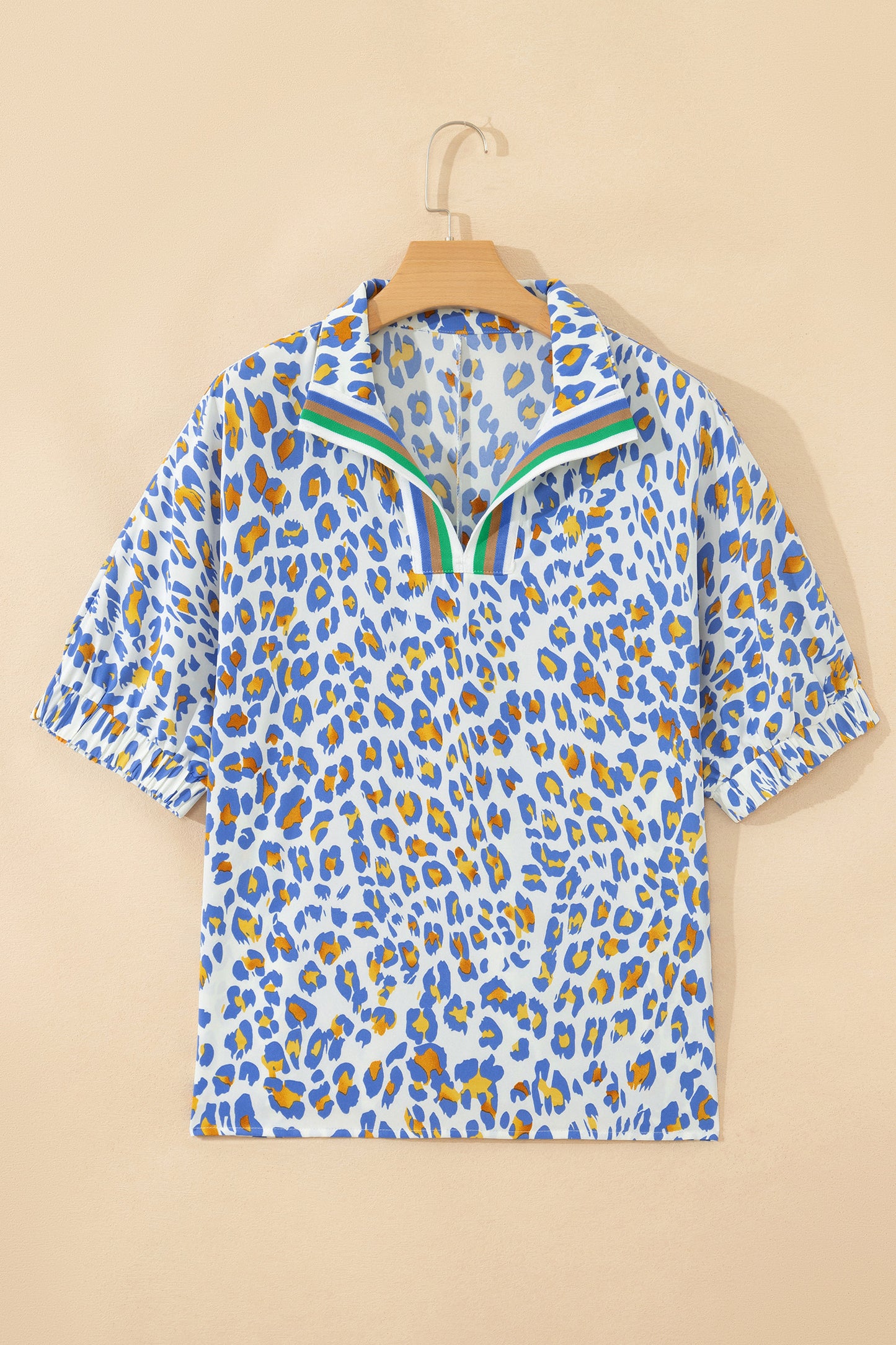 Khaki Leopard Color Block Stripe V Neck Loose Blouse