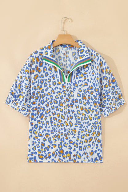 Khaki Leopard Color Block Stripe V Neck Loose Blouse
