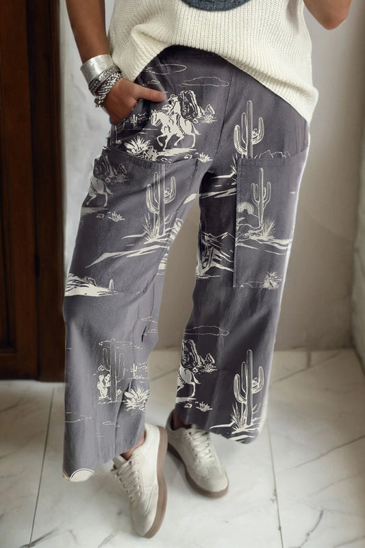 Vintage Western Print Wide Leg Jeans High Waist Pants