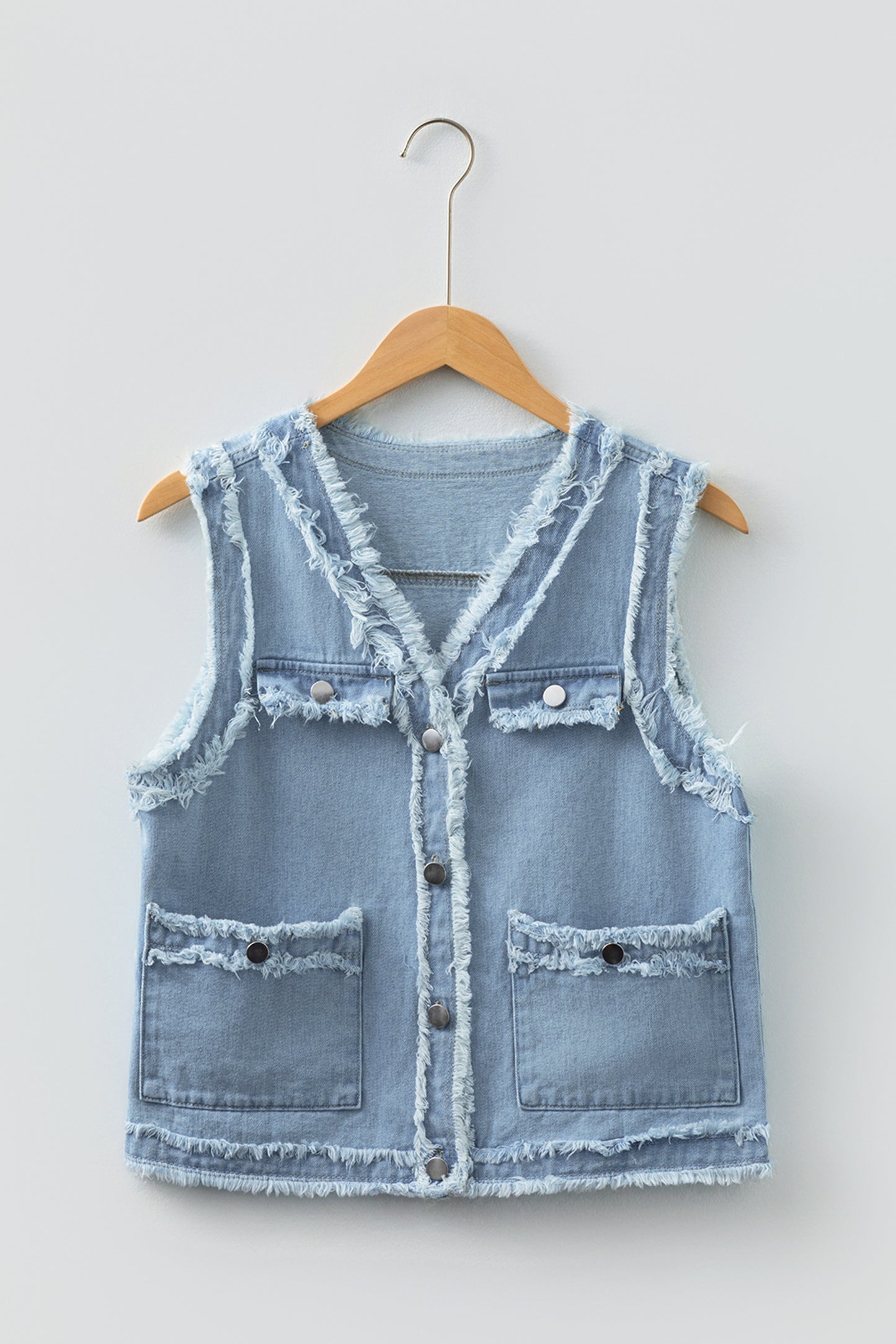 Light Wash Frayed Edge Flap Pocket Button Down Denim Vest