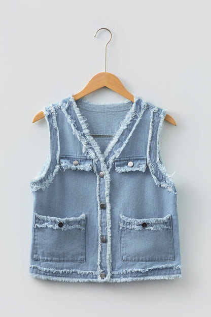 Light Wash Frayed Edge Flap Pocket Button Down Denim Vest