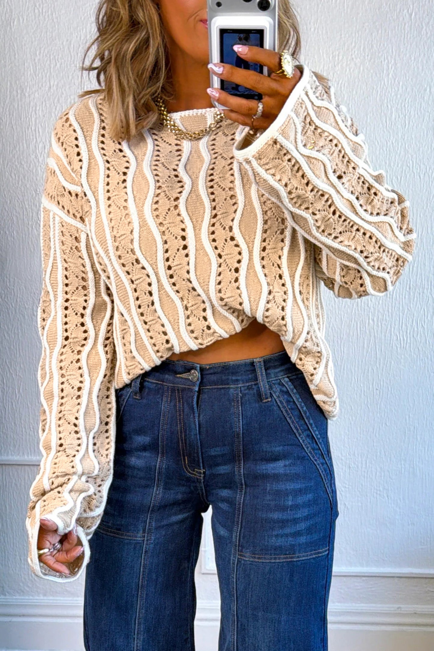 Women's Wavy Stripe Open Knit Pullover Sweater