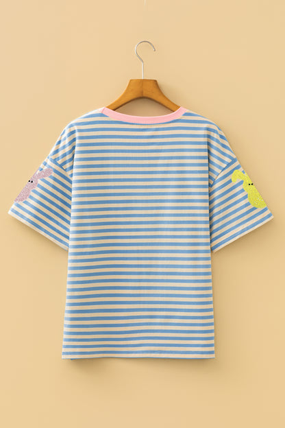 Easter Sequin Bunny Striped Short Sleeve Graphic Tee