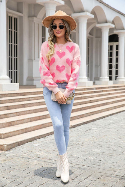 Textured Heart Knit Sweater - Pink Valentine’s Pullover
