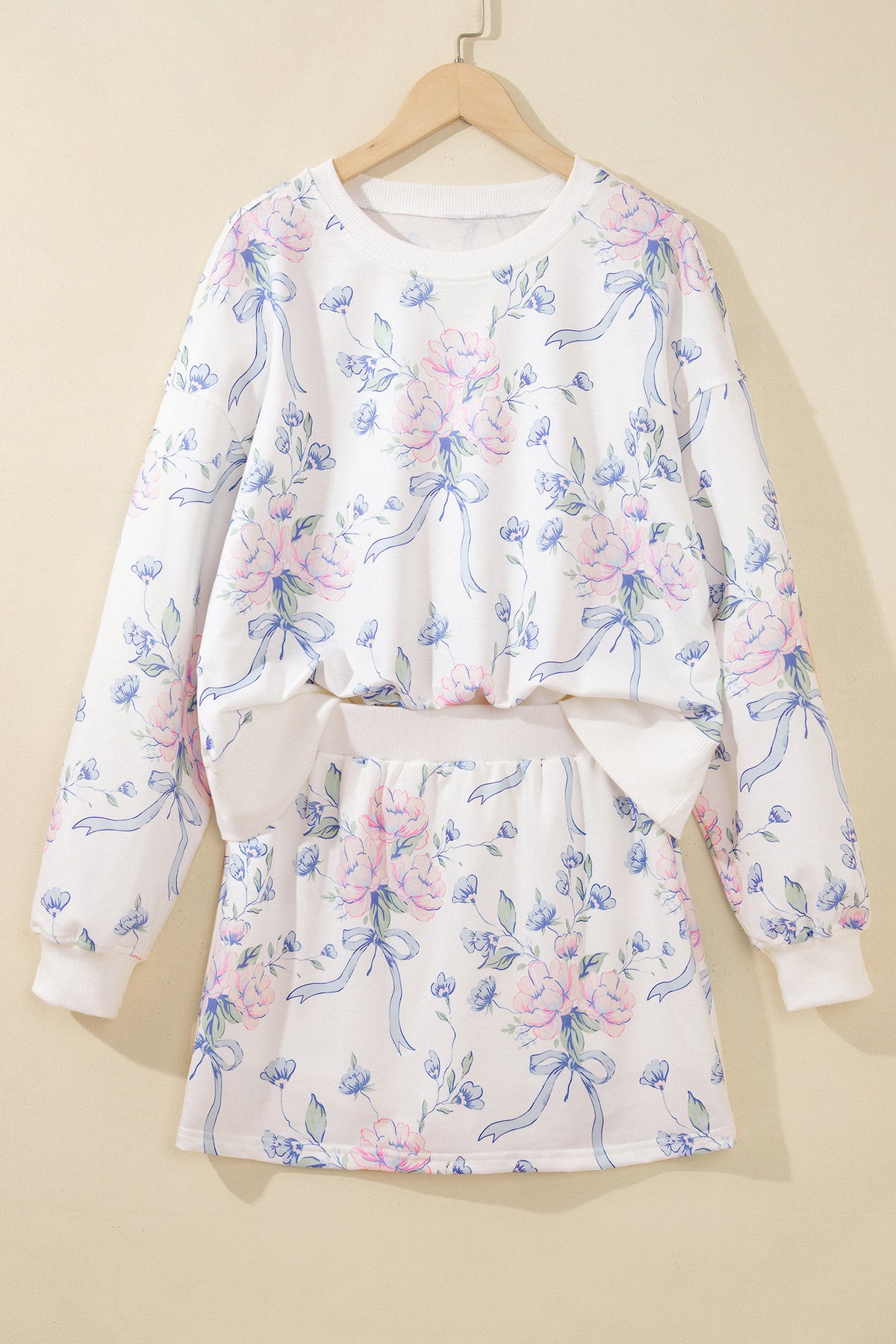 White Floral Print Long Sleeve Top Elastic Waist Skort Two Piece Dresses
