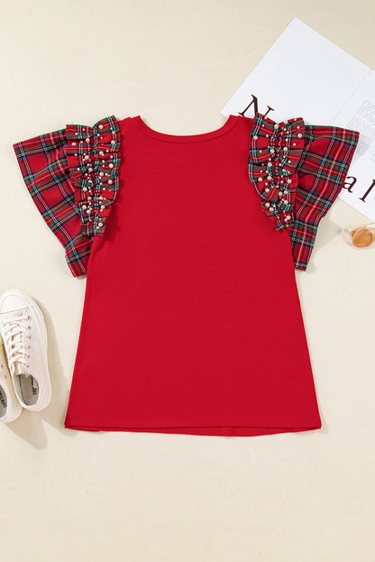 Plus Size Red Plaid Ruffle Sleeve Christmas Holiday Top