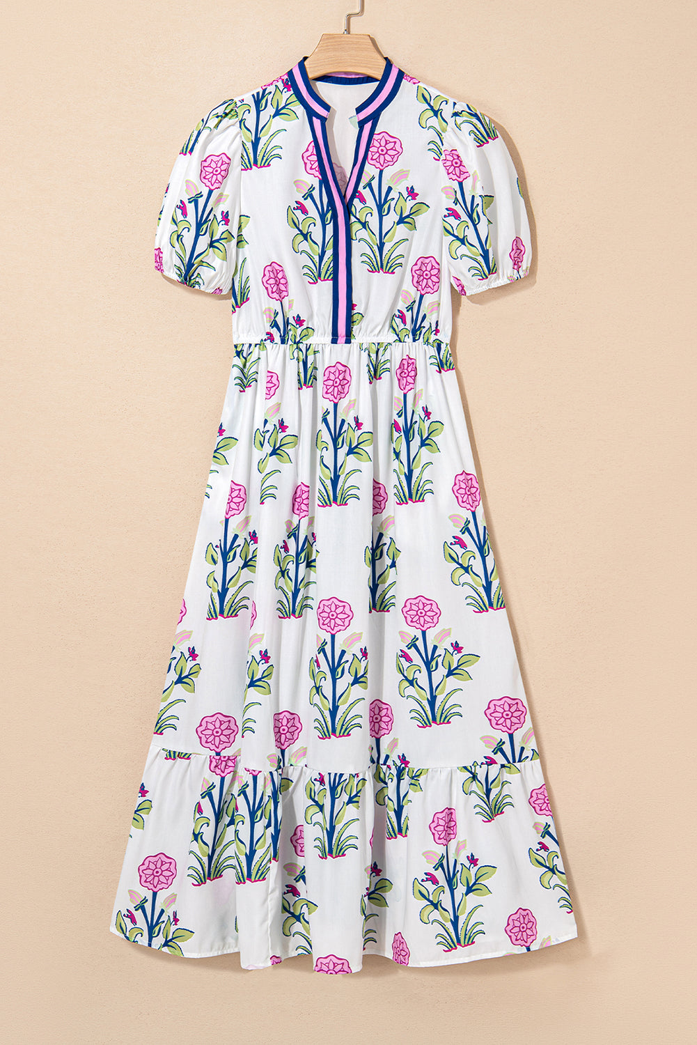 White Floral Contrast Trim V Neck Maxi Dress