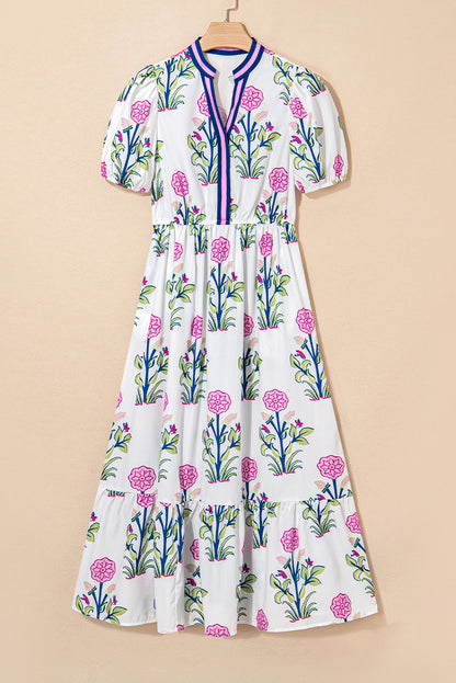 White Floral Contrast Trim V Neck Maxi Dress