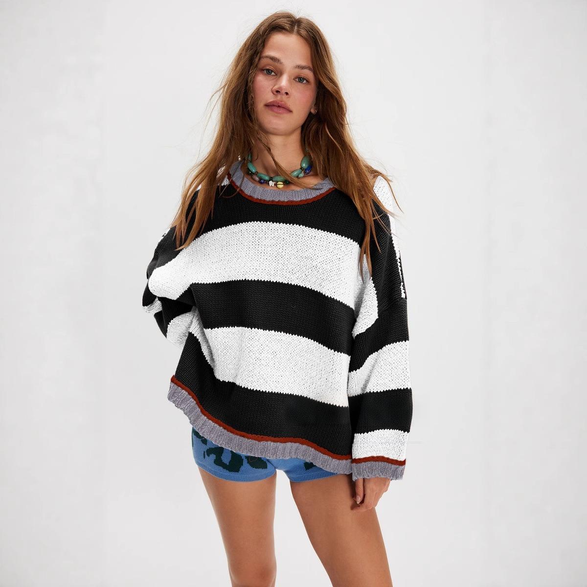 Oversized Color Block Striped Knit Pullover Sweater for Women
