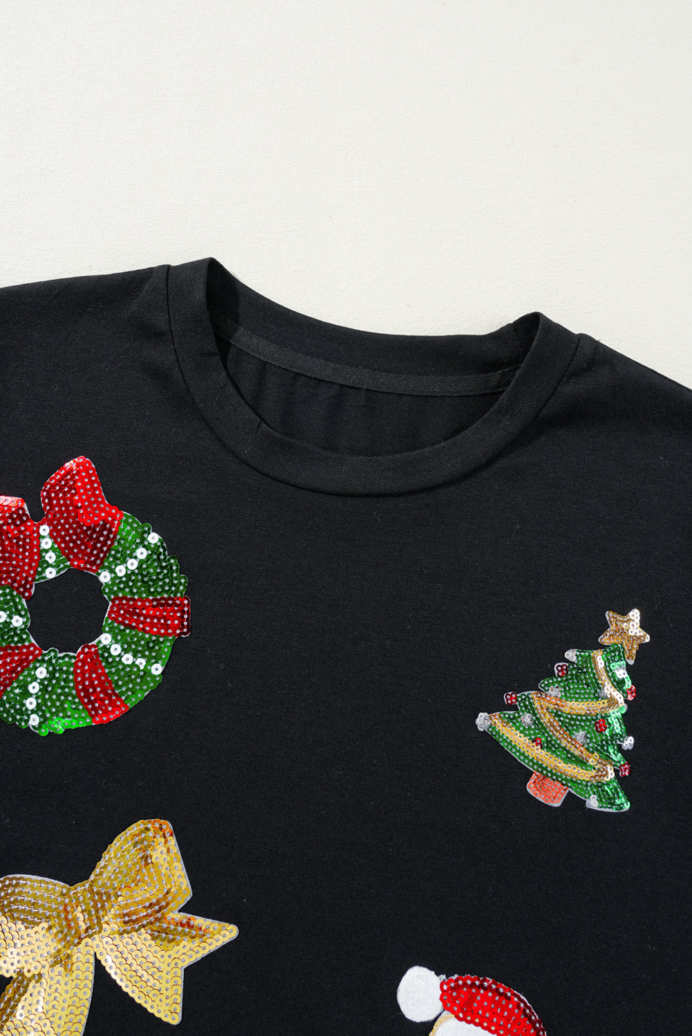 Black Sequin Christmas Holiday Graphic Crewneck T Shirt