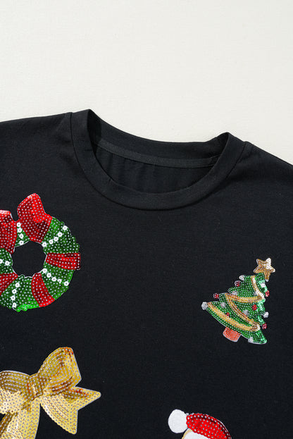 Black Sequin Christmas Holiday Graphic Crewneck T Shirt