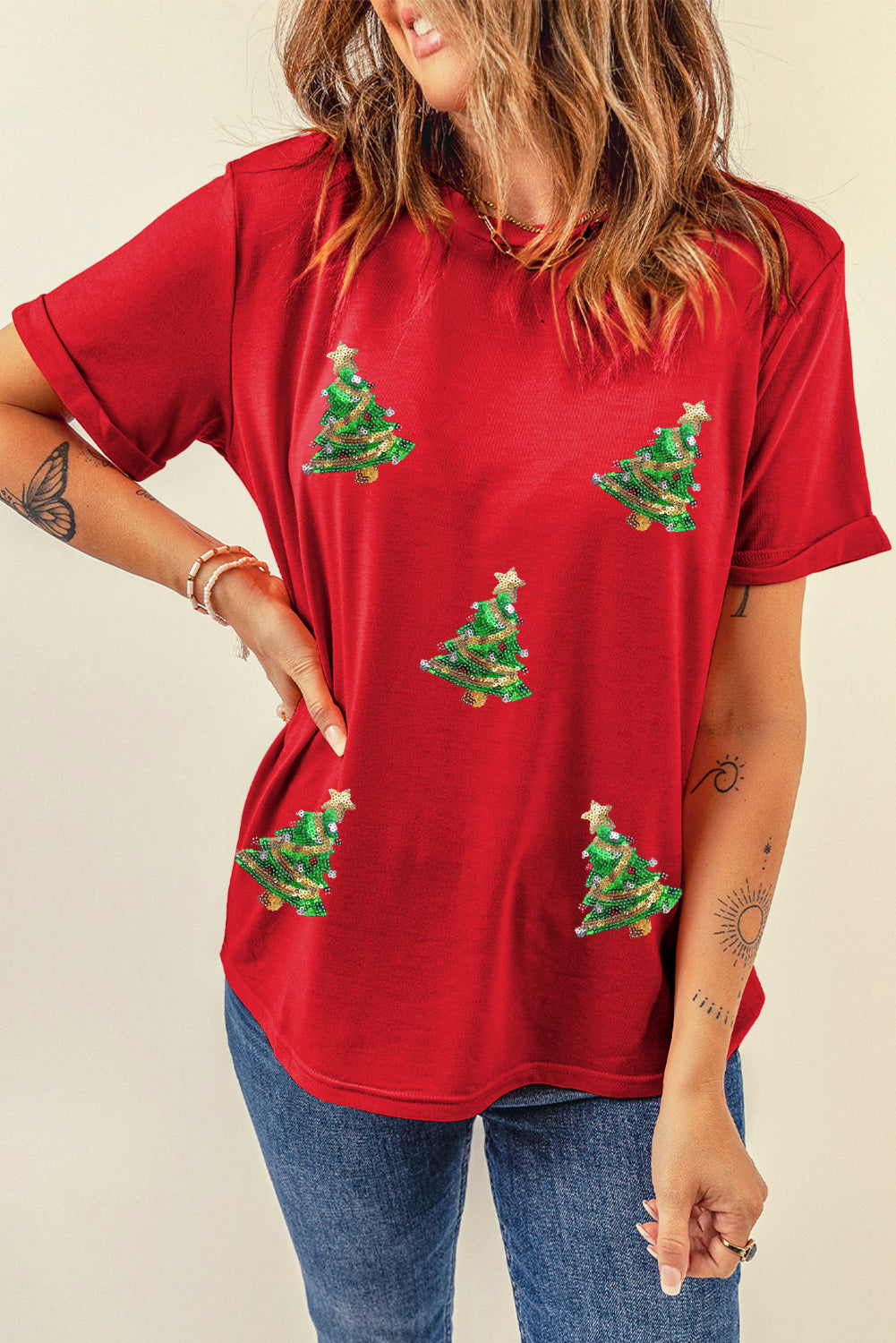Sequin Christmas Tree Holiday Graphic Red Crewneck Tee