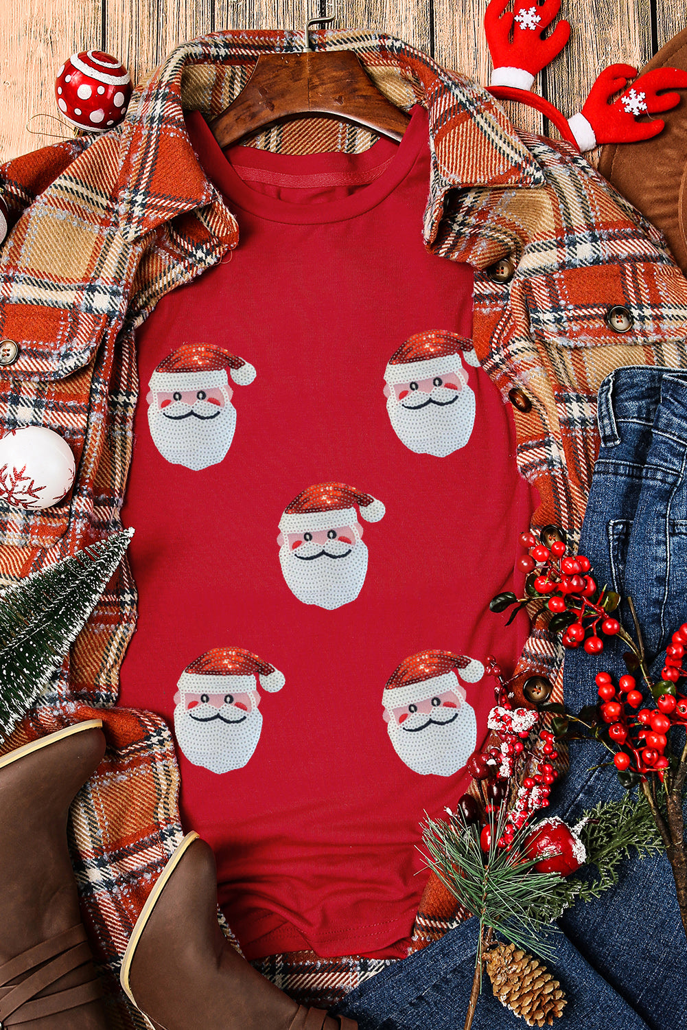 Santa Claus Graphic Christmas Faux Sequin T Shirt