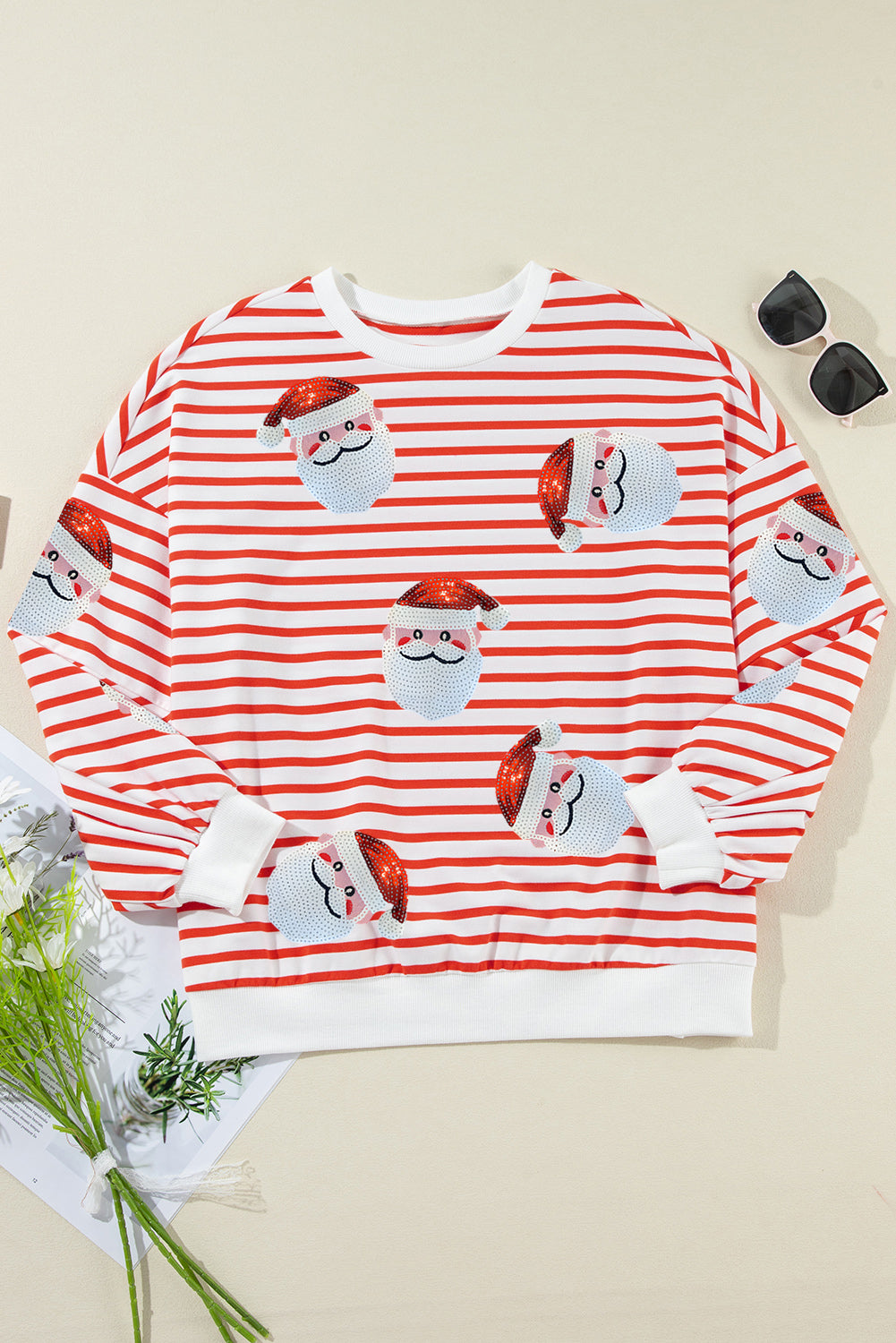 Sequin Santa Claus Striped Christmas Pullover Sweatshirt