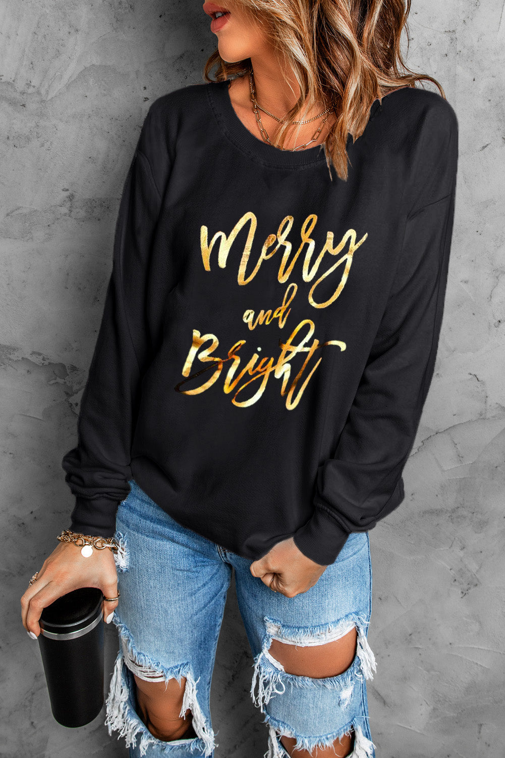 Black Merry and Bright Christmas Graphic Pullover Sweatshirt