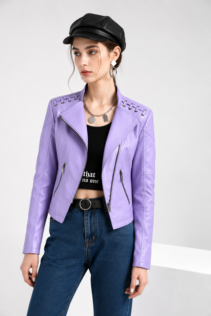 Womens Faux Leather Moto Jacket Slim Fit