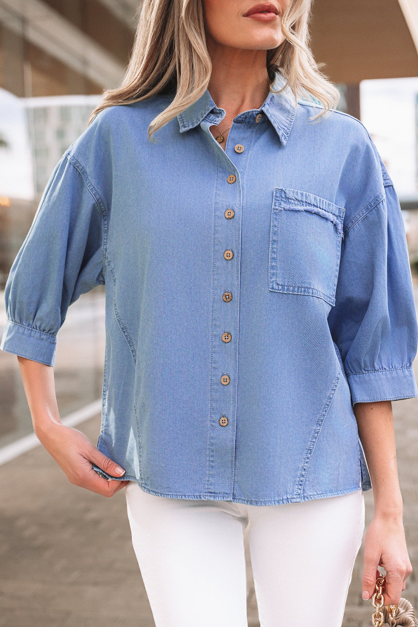Washed Chambray Drop Shoulder Bracelet Sleeve Shirt
